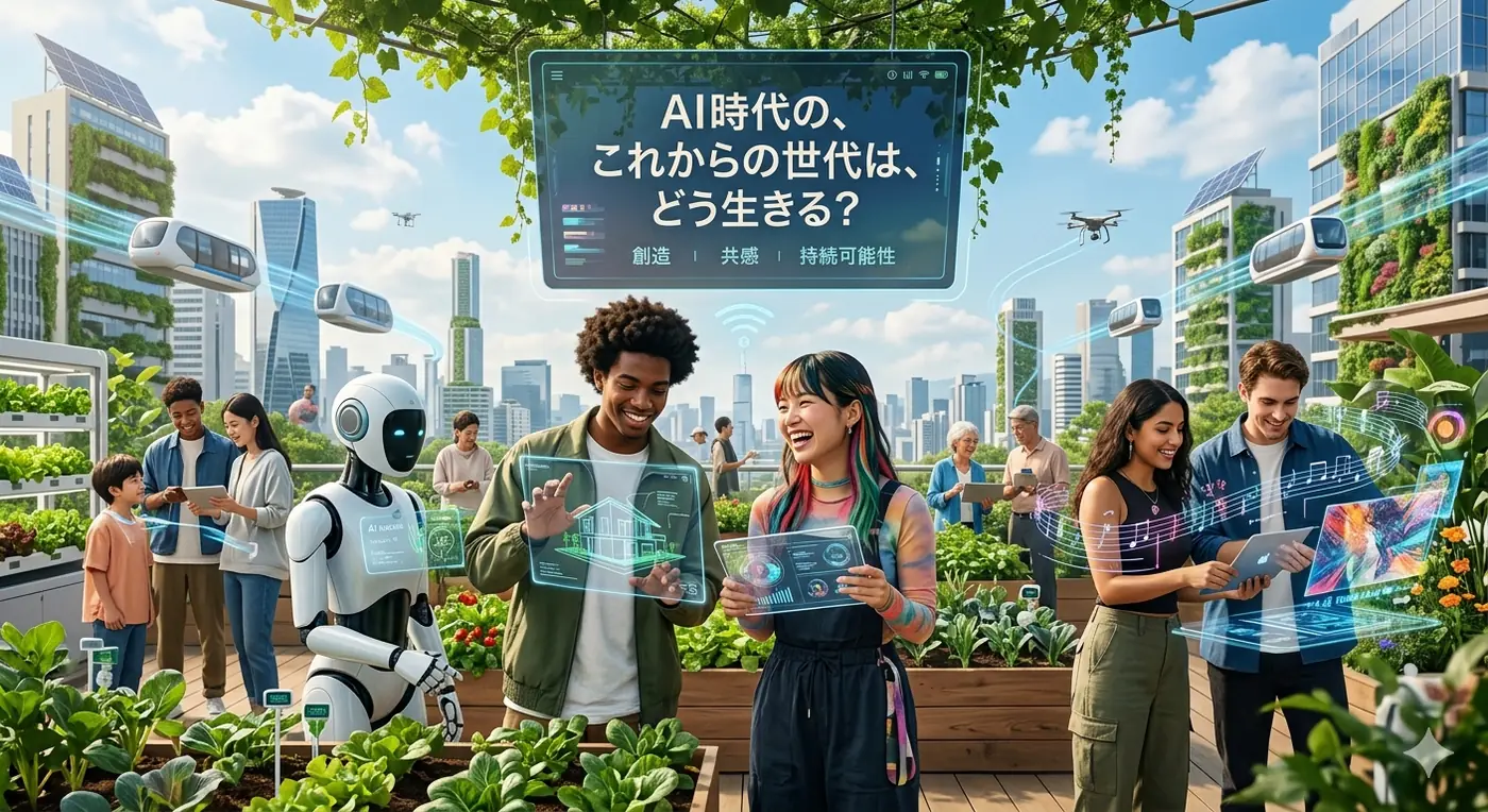 近未来の都市を背景に、光るネットワーク図のタブレットを操作する人物。足元の道路を自動運転車が走り抜けていく、社会全体がAIで動くイメージ