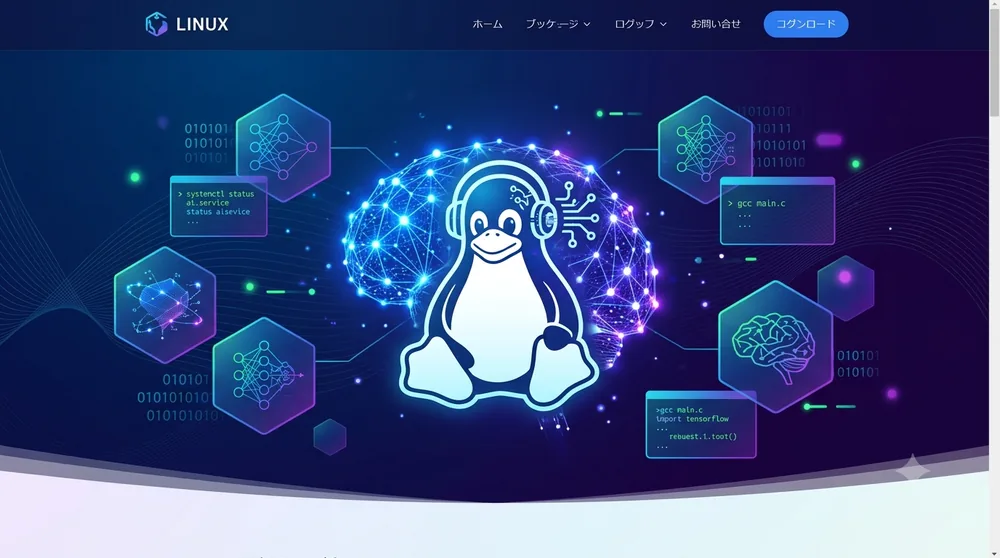 AIの頭脳のように光るLinuxペンギン。AIの“考える力”の土台がLinuxであることを表すイメージ