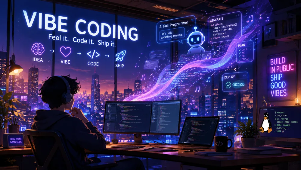 夜景のデスクでコードを書く人とAIの相棒。『VIBE CODING／IDEA→VIBE→CODE→SHIP』と書かれた直感コーディングのイメージ