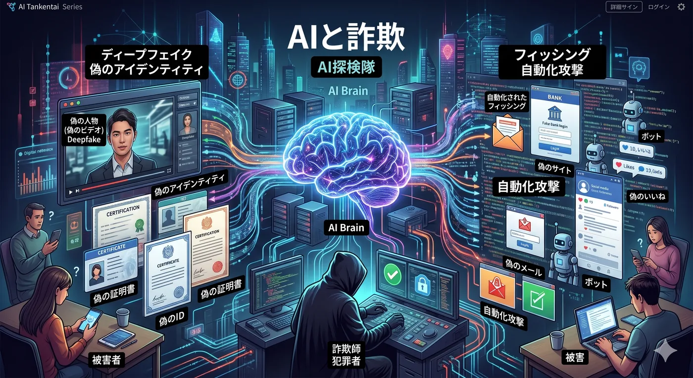 AIと詐欺の全体像。中心のAIから、左に『ディープフェイク・偽のID・偽の証明書』によるなりすまし、右に『偽サイト・偽メール・偽の口コミ・ボット』による自動化されたフィッシング攻撃が広がり、被害者へ向かう様子を示した図。