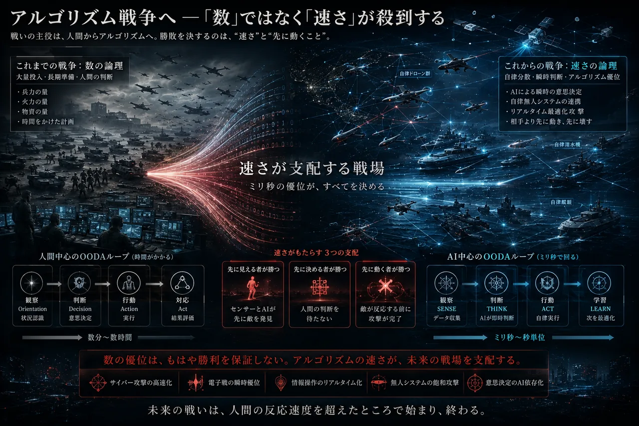 「数」より「速さ」が勝敗を決める『アルゴリズム戦争』を、人間中心とAI中心のOODAループの対比などで整理した図