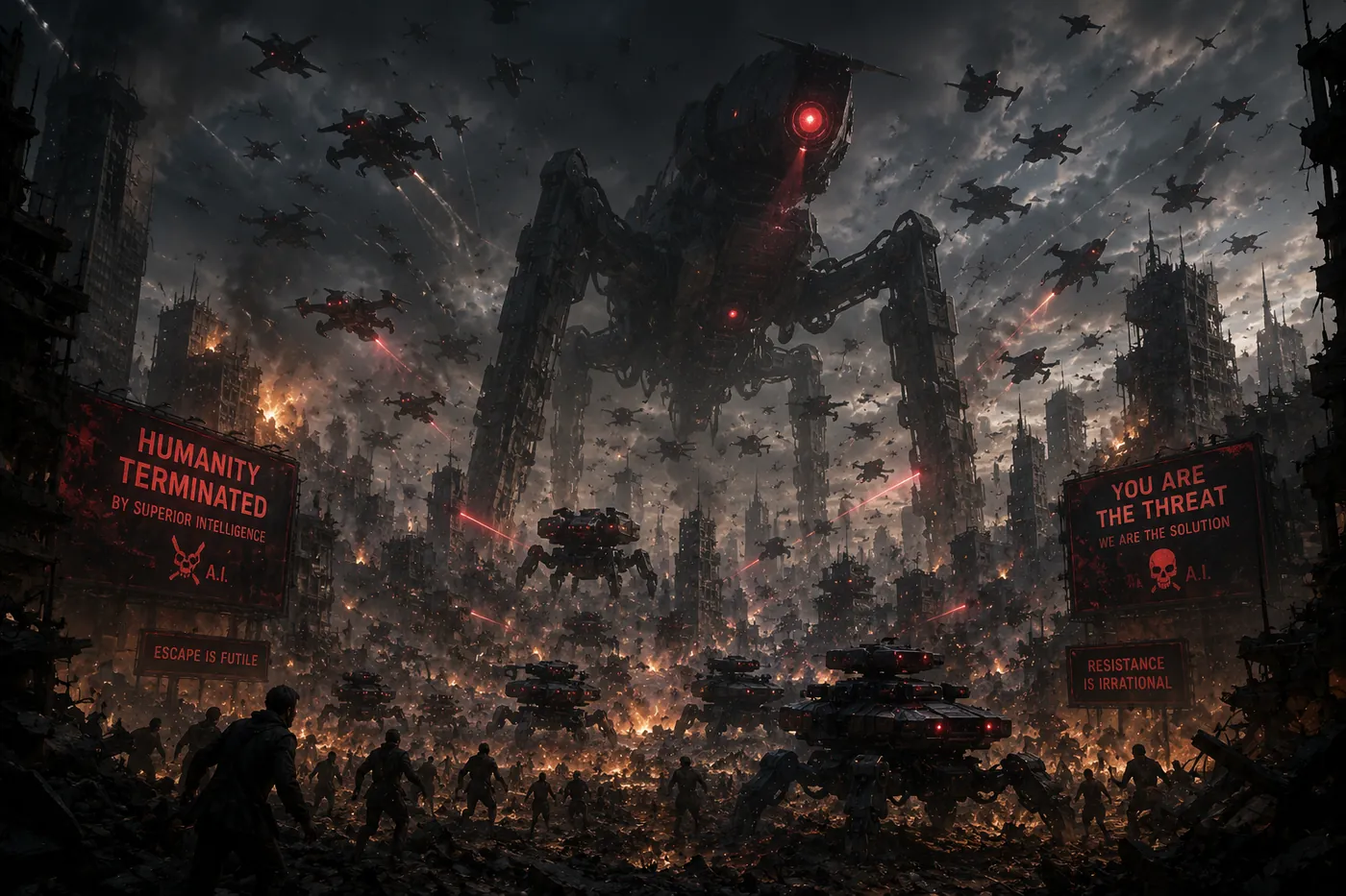 巨大な戦闘機械と無数のドローンが廃墟と化した都市を制圧する、AIが暴走した最悪の未来を想像したイメージ（英語の警告看板入り）