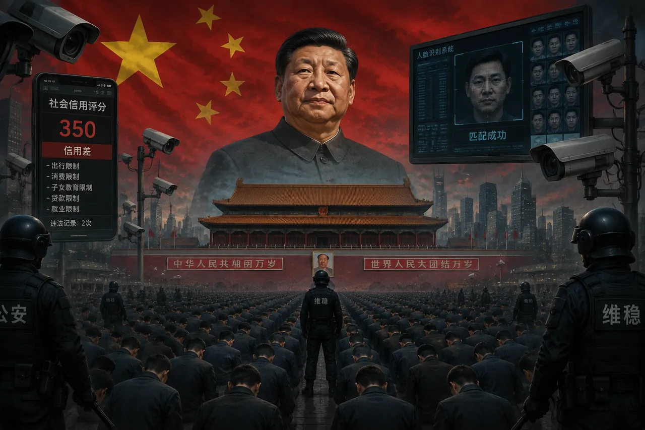 中国の指導者の肖像と国旗を背に、社会信用スコア・顔認識・治安部隊を配した、監視・社会統制（監視国家モデル）のイメージ