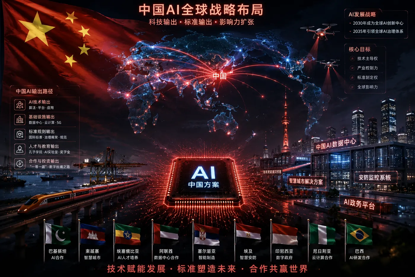 中国の国旗と世界地図を背に、各国へ伸びるネットワークと『AI 中国方案』を掲げた、中国のAI世界戦略のイメージ（中国語の見出し入り）