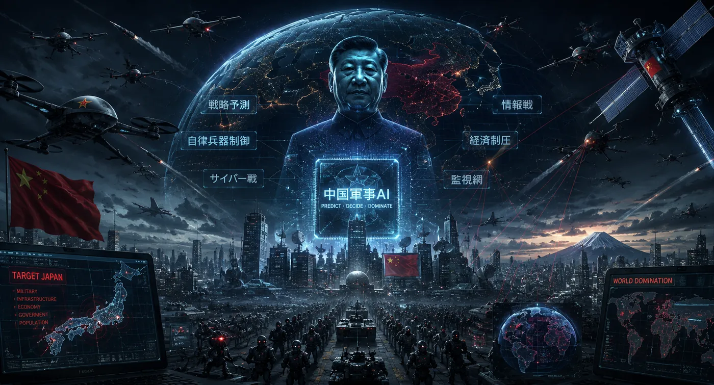 中国の指導者の顔のホログラムを中心に、戦略予測・自律兵器・サイバー戦・監視網が結ばれ、世界地図を背景にした中国軍事AIのイメージ