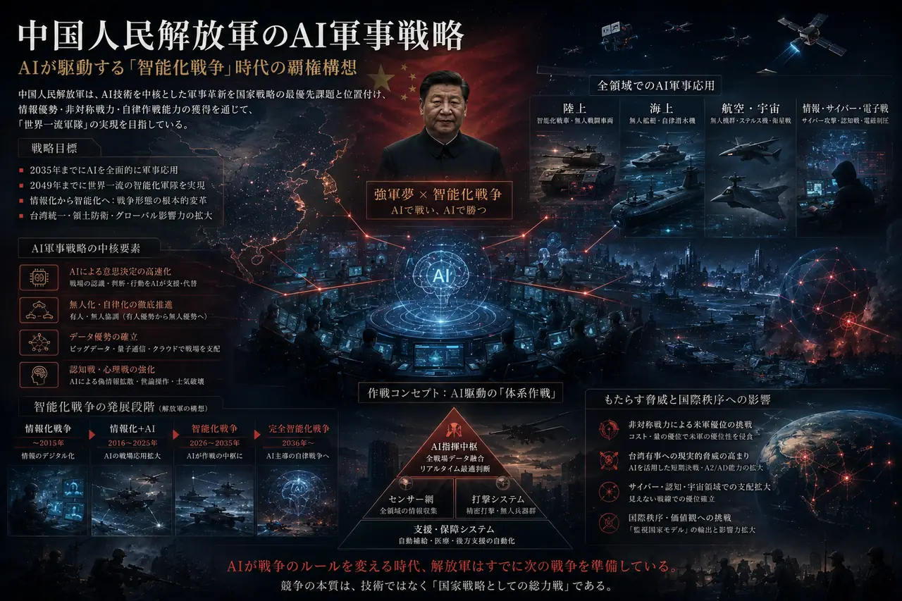 中国人民解放軍のAI軍事戦略を一枚に整理した図。戦略目標、陸・海・航空宇宙・サイバーの全領域へのAI応用、「智能化戦争」の発展段階、もたらす脅威までを示した、中国の“設計図”の全体像