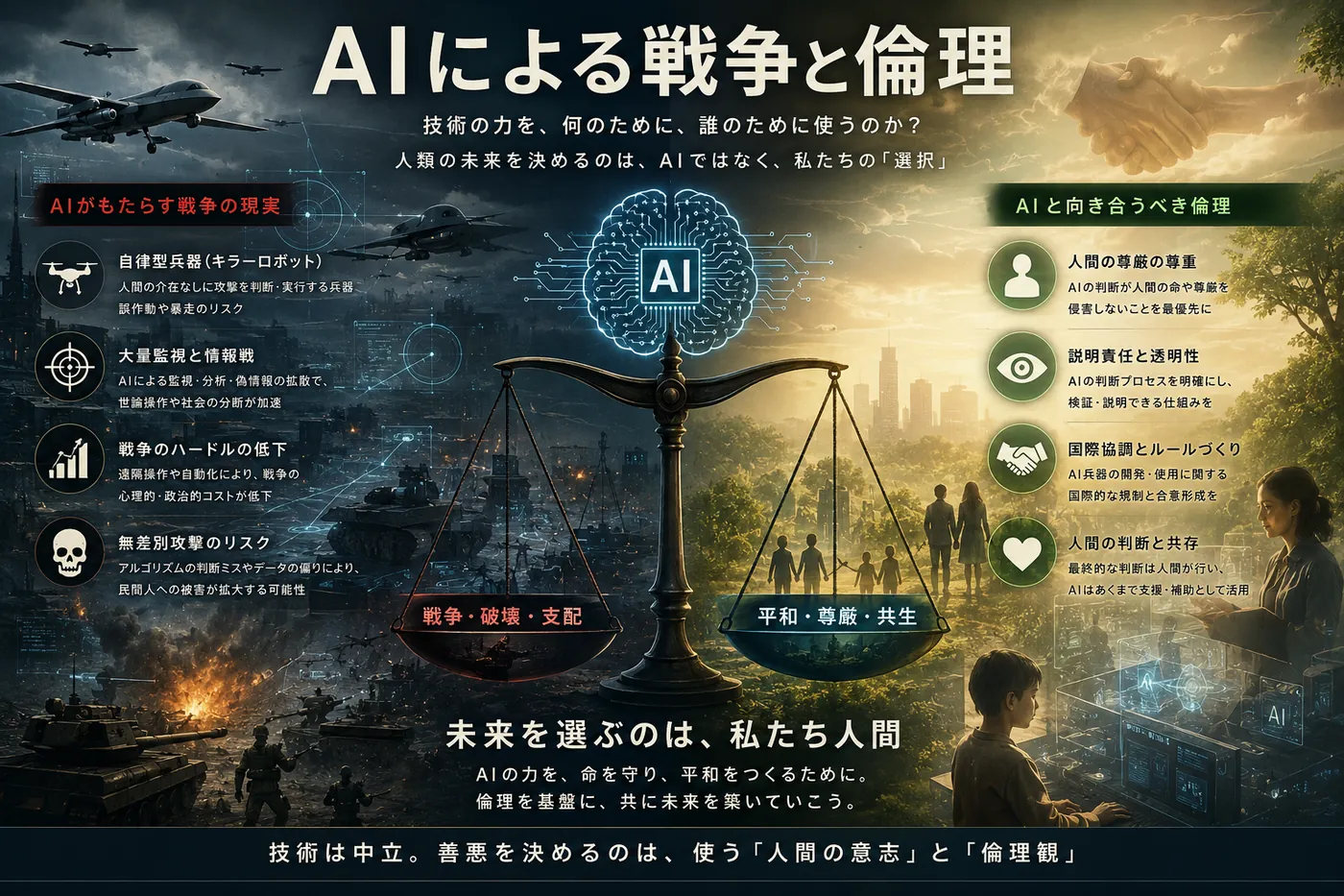 天秤の左に『戦争・破壊・支配』、右に『平和・尊厳・共生』を置き、『未来を選ぶのは私たち人間』と記したAIと戦争の倫理の図