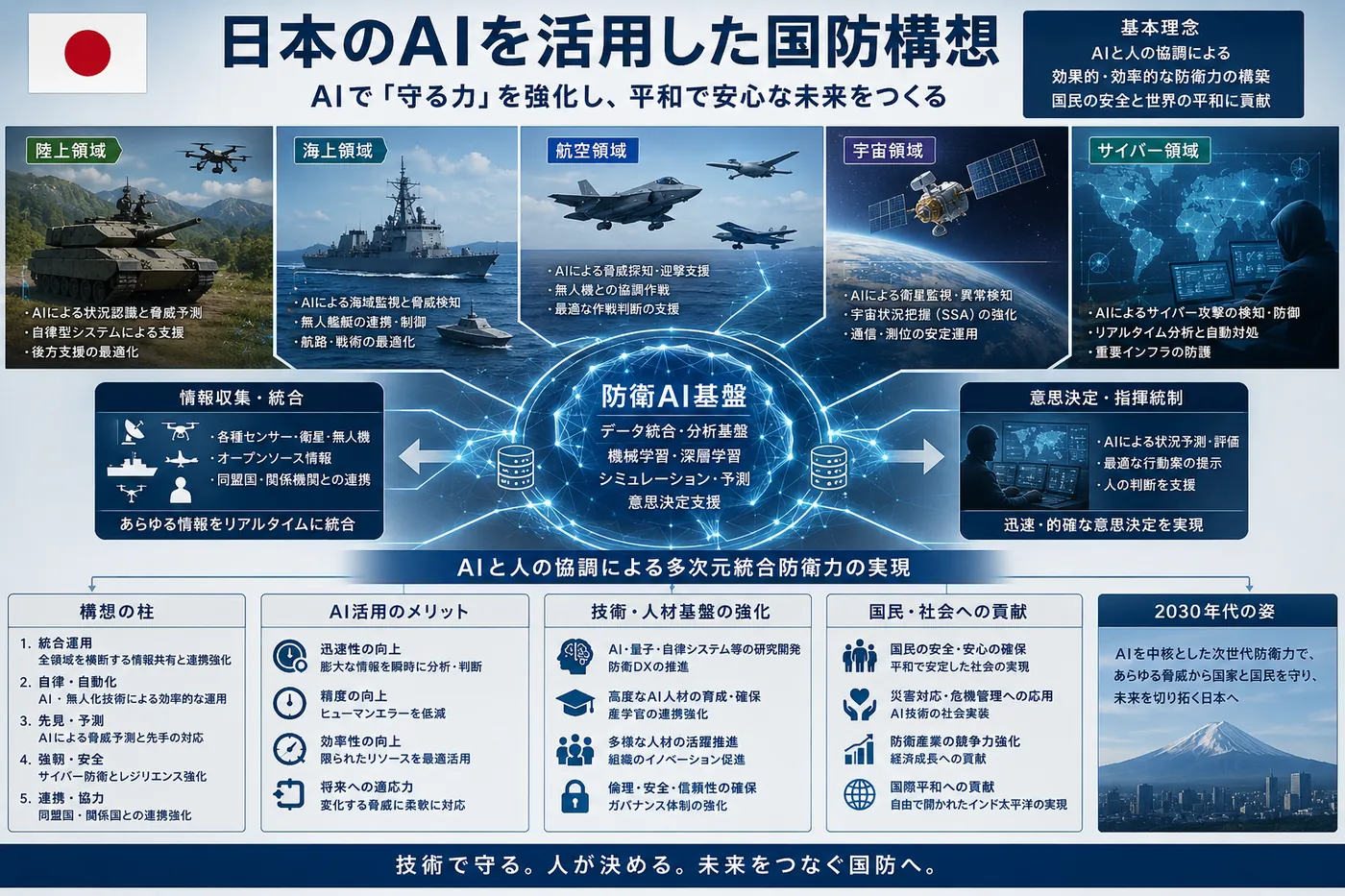日本の国旗のもと、陸・海・空・宇宙・サイバーの各領域でAIを活用する『日本のAI国防構想』を整理した図
