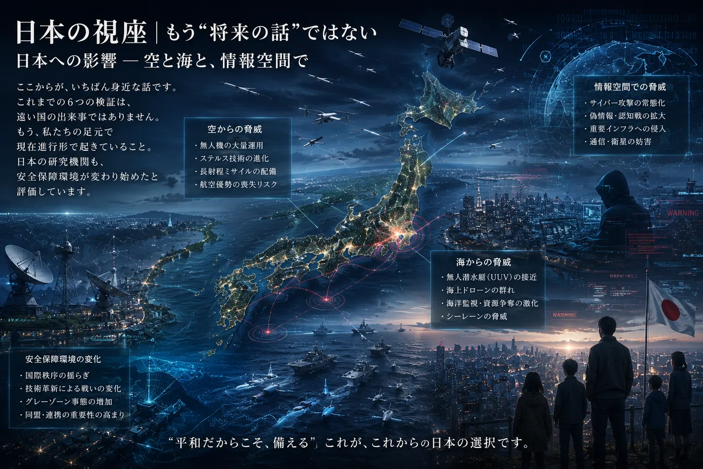 夜の日本列島を俯瞰し、空・海・情報空間それぞれの安全保障上の脅威を書き込んだ、日本の視座をあらわす図