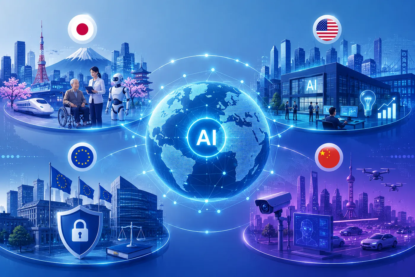 中央のAIと地球を囲み、日本・米国・EU・中国の四者を並べた、各国のAIへの向き合い方とルールの違いのイメージ