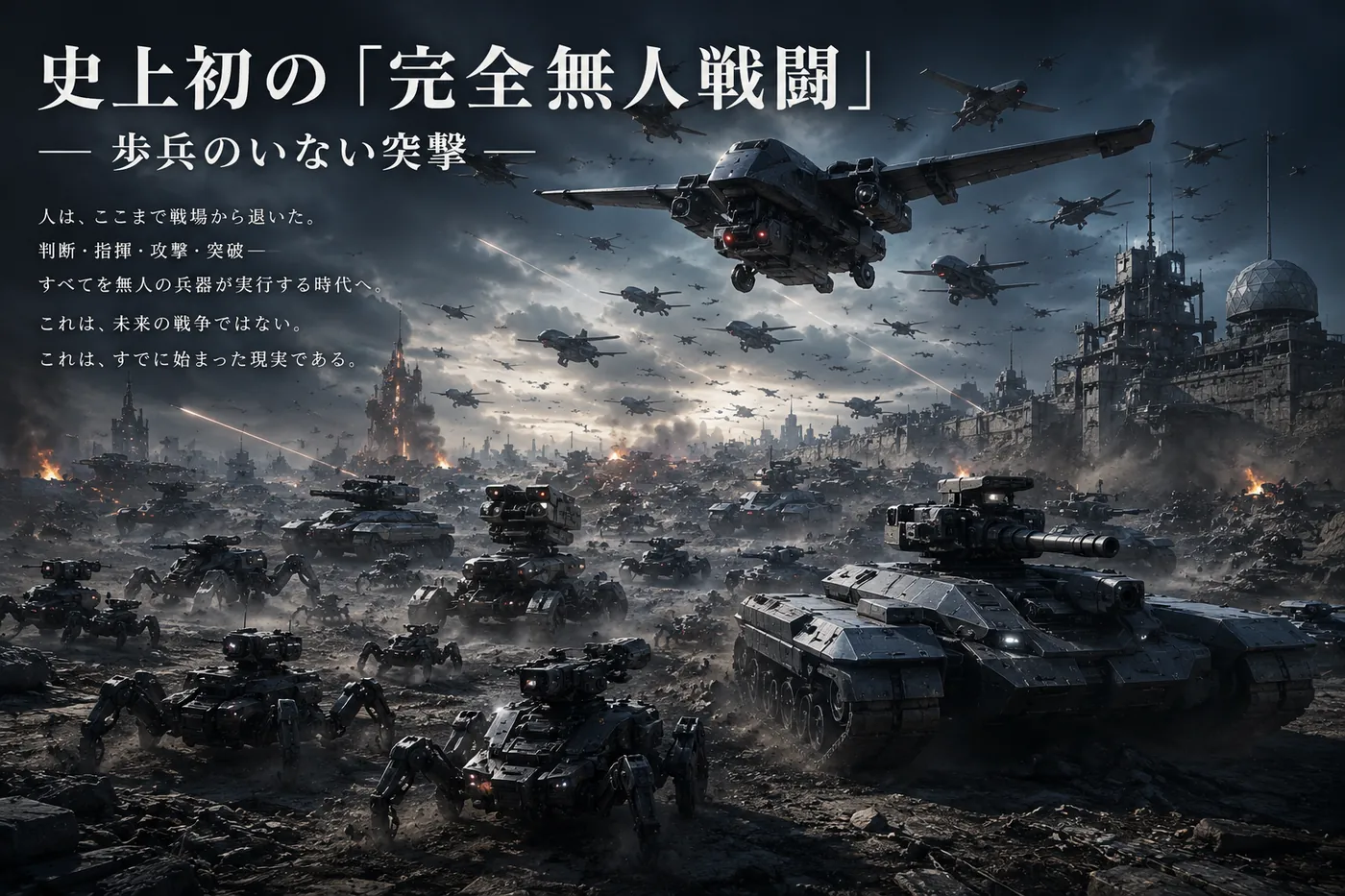 無数の無人戦車・歩行型ロボット・ドローンだけが展開する戦場。歩兵の姿のない「完全無人戦闘」をあらわすイメージ