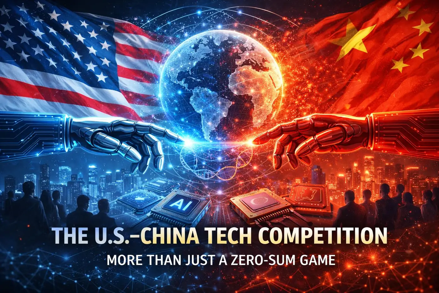 米国と中国の国旗を背に、ロボットの手が地球へ伸びる米中テック競争のイメージ（英語の見出し入り）