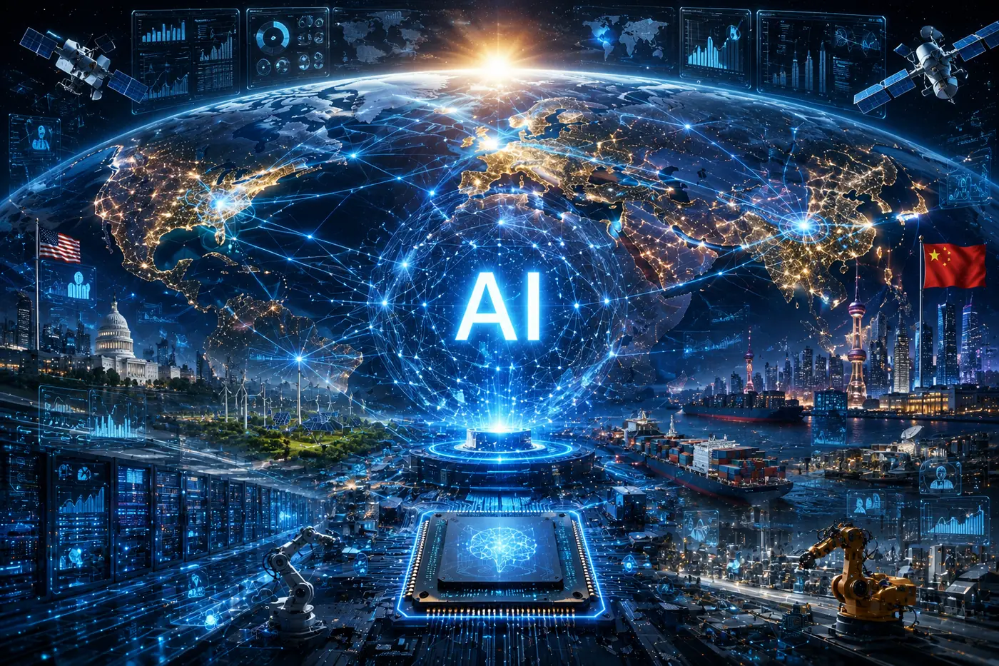 宇宙から見た地球を覆うAIのネットワーク。左に米国（国旗・議事堂）、右に中国（国旗・都市）、中央に『AI』と半導体チップを配した、米中を軸とするAI覇権競争のイメージ