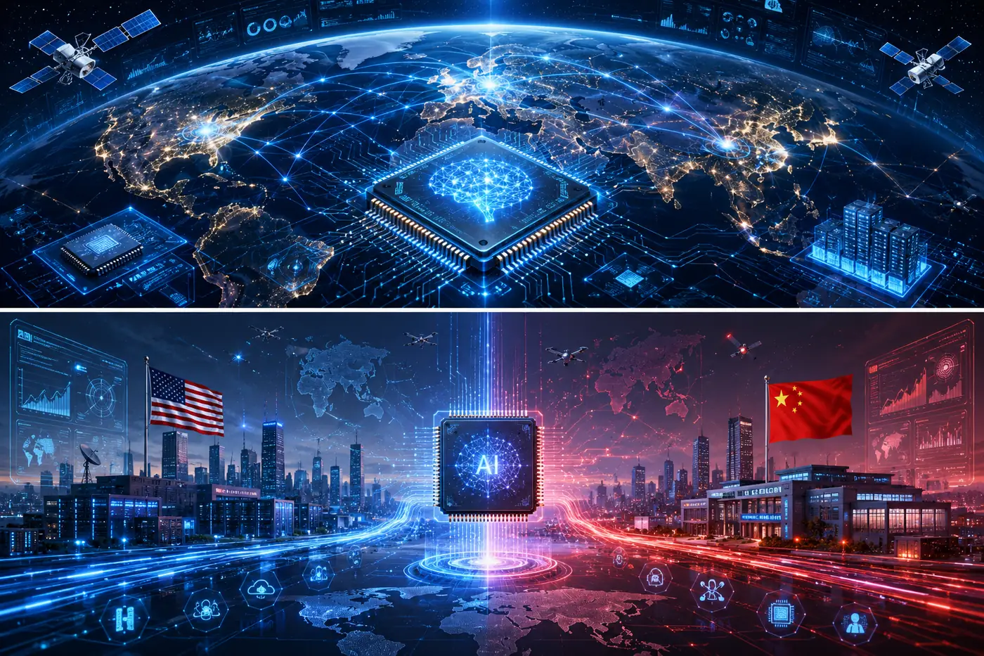 上に地球規模のAIネットワーク、下に青系の米国と赤系の中国を分け、中央にAIチップを置いた米中AI競争のイメージ