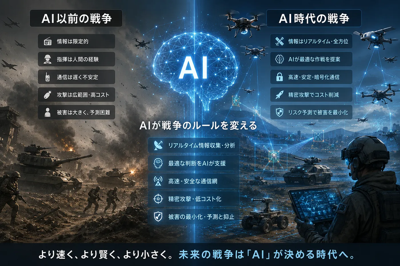 「AI以前の戦争」と「AI時代の戦争」を左右で比較し、情報・判断・通信・攻撃・被害がどう変わるかを示した図