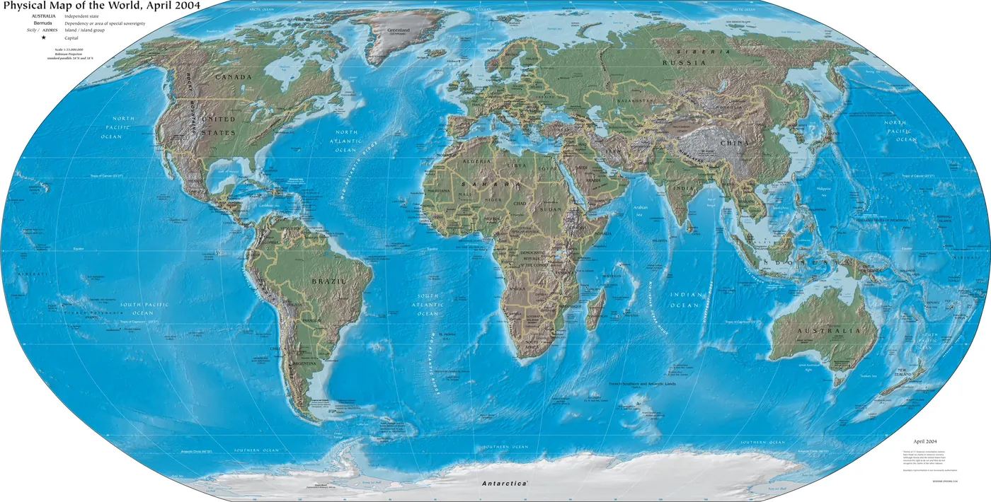 主要国と海洋を記した一般的な世界地図（地形図）。AIと戦争を、まず世界全体の見取り図から捉えるための図