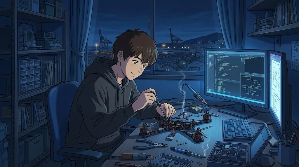 夜の自室で自作ドローンを整備するリク。モニターにコードが映る
