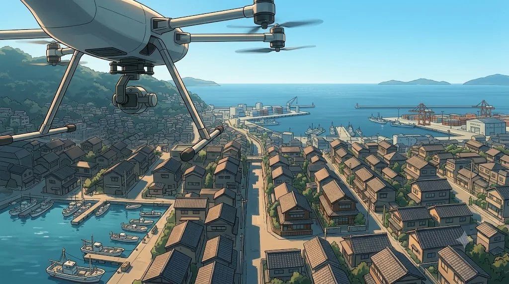海見市の港町上空を飛ぶリクの自作ドローン。眼下に瓦屋根の家並みと漁港