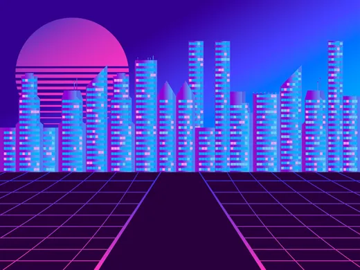 ネオンに発光する、シンセウェーブ調の近未来都市