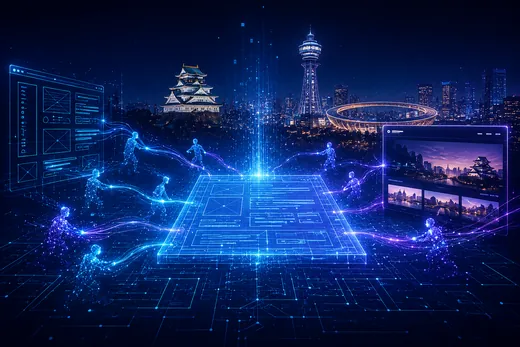 青い光のネットワークが包む、データの都市