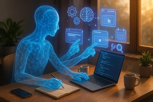 青く発光する半透明の人型が、UIを操作する