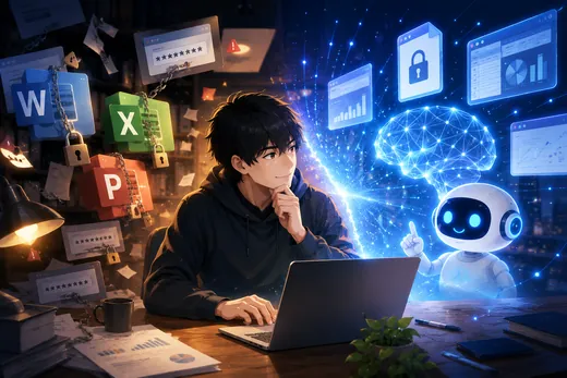 ノートPCで作業する人と、宙に浮かぶAIの画面