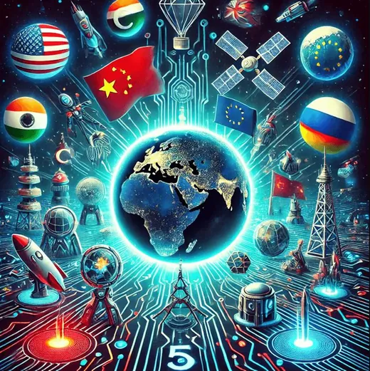 各国の国旗に囲まれた、輝く地球儀