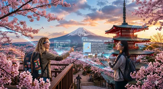 桜と富士を背景に、ロボットと着物の女性が向き合う