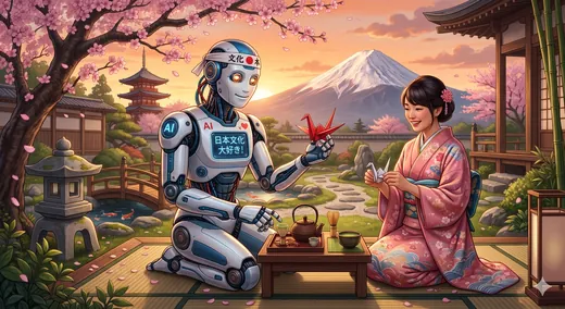 富士を望み、AIと着物の人がお茶を介して出会う