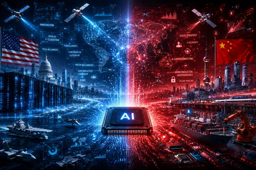 赤と青に分かれた巨大データセンターと、中央のAIチップ