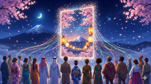 星空の鳥居を見上げる人々、和の夜の幻想