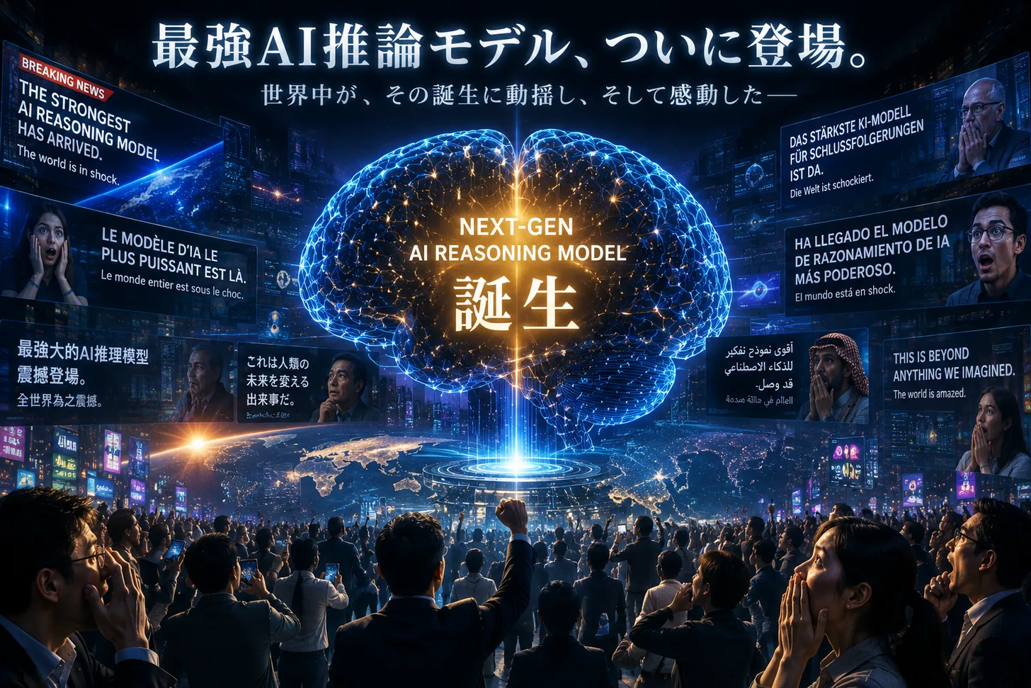 『最強AI推論モデル、ついに登場』と報じる巨大スクリーンを、各国の言葉で見上げて驚く世界中の群衆。最先端AIの誕生に沸く世界を表すイメージ