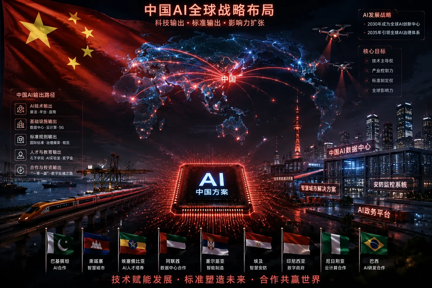 『中国AI全球戦略布局』と題したインフォグラフィック。中国国旗と世界地図を結ぶ通信網、中央で光るAIチップ、各国の国旗が並び、オープンなAIで影響力を世界へ広げる構図を表すイメージ