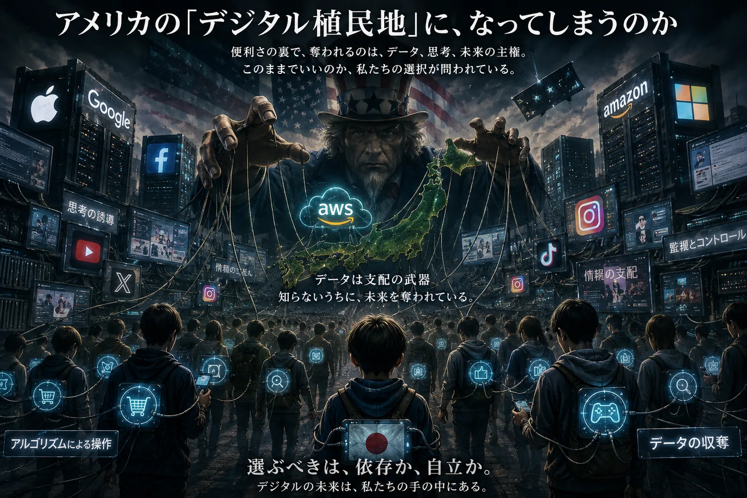 巨大な操り人形師が、街を歩く人々を糸で操る不穏なイラスト。大手テックのロゴや『データは支配の武器』『依存か、自立か』の文字が並び、デジタル監視と依存のリスクを問うイメージ