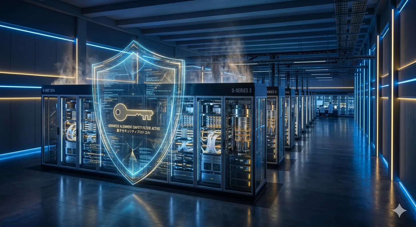 整然と並ぶサーバーの前に、鍵のマークと『ALIGNMENT SAFETY FILTER ACTIVE（安全フィルター作動中）』と記された青く光る盾のホログラムが浮かぶデータセンターのイメージ