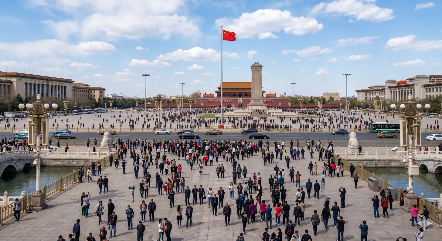 北京の天安門広場。中央に中国の国旗がはためき、広場に多くの人が集まる、中国を象徴する風景