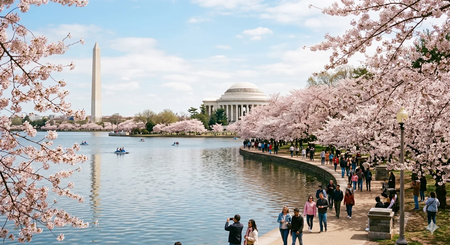 桜が咲くワシントンD.C.のタイダルベイスン。ワシントン記念塔とジェファーソン記念館が湖に映る、アメリカを象徴する風景