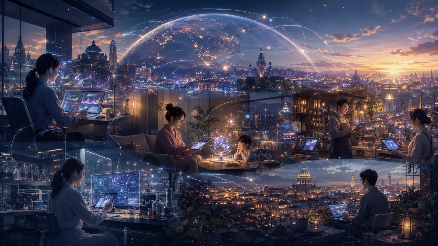 夕暮れの大都市を見下ろすテラスで、たくさんの人がノートパソコンやタブレットを使い、頭上に光のネットワークの球体が広がる、AIが社会のすみずみに溶け込んだ世界のイメージ