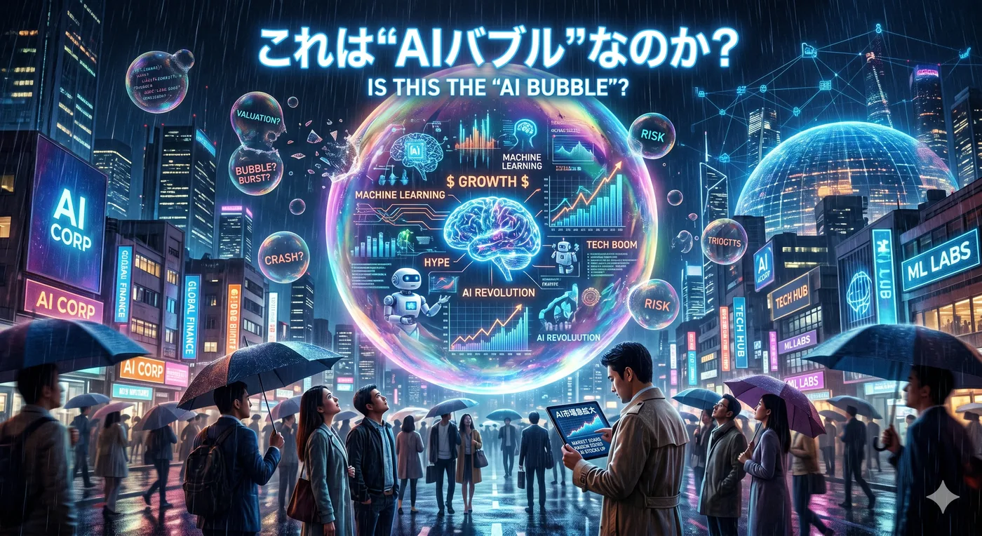 『これはAIバブルなのか』と問いかける、過熱するAI投資を描いた生成AIイラスト