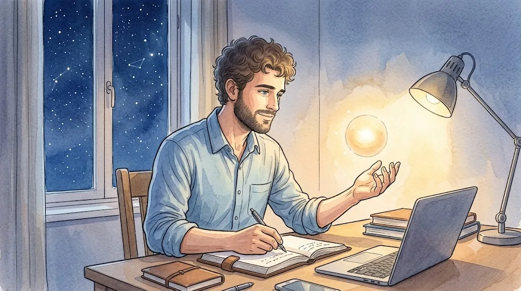 夜の部屋で若い男性がノートに日記を書き、傍らに柔らかく光る小さな光の球が寄り添っている水彩イラスト