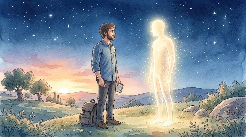 星空の丘の上で、現代の若い男性が金色の光の粒でできた半透明の人影と穏やかに向かい合う水彩イラスト