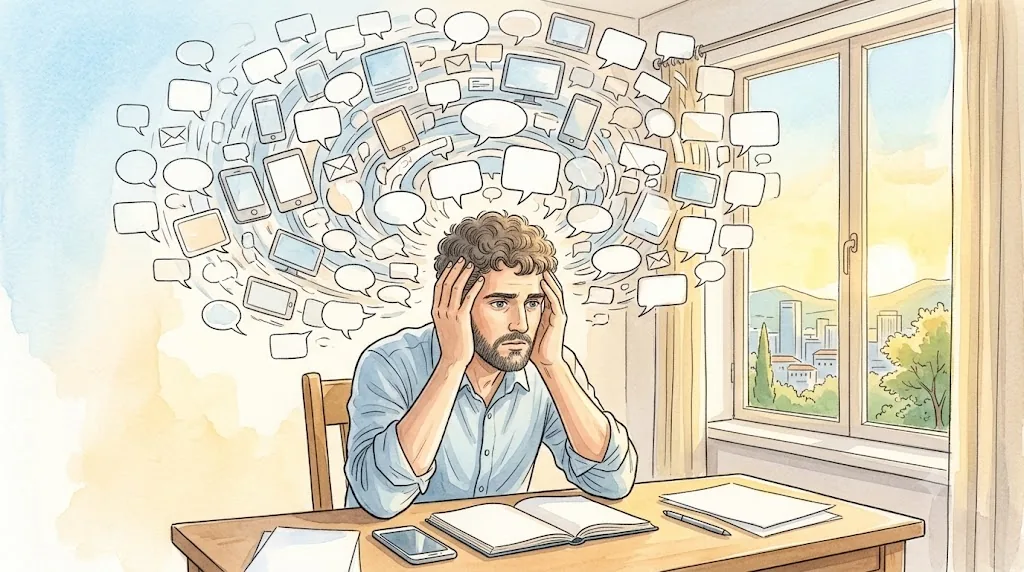 机の前で頭を抱える現代の男性の頭上に、無数の通知の吹き出しが渦のように押し寄せる水彩イラスト