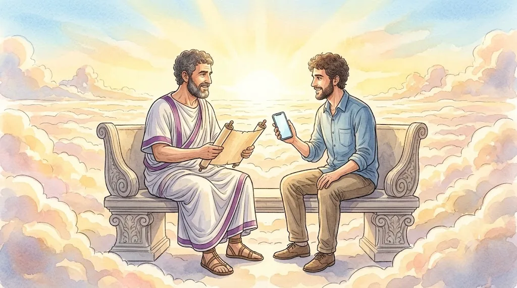 雲の上の石のベンチで、巻物を持つ哲人皇帝とスマートフォンを持つ現代の若者が語り合う水彩イラスト
