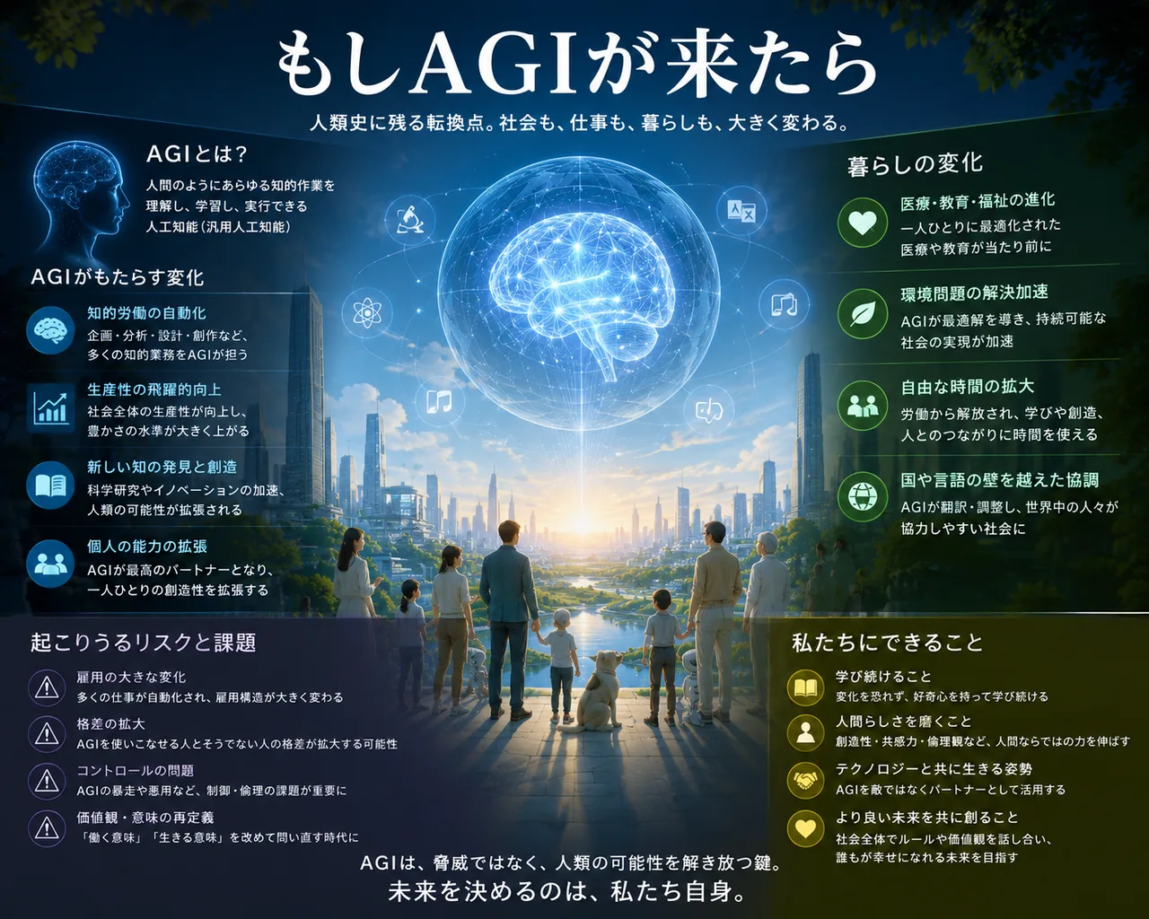 「もしAGIが来たら」と題し、AGIとは何か・もたらす変化・暮らしの変化・起こりうるリスクと課題・私たちにできることを、未来都市を見つめる家族のイラストとともにまとめたインフォグラフィック