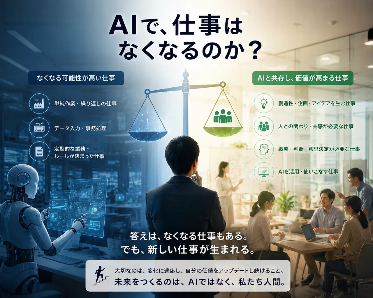 「AIで、仕事はなくなるのか？」と題し、天秤の左に“なくなる可能性が高い仕事（単純作業・データ入力・定型業務）”、右に“AIと共存し価値が高まる仕事（創造・企画・対人・判断）”を並べ、『なくなる仕事もあるが、新しい仕事も生まれる』とまとめたインフォグラフィック