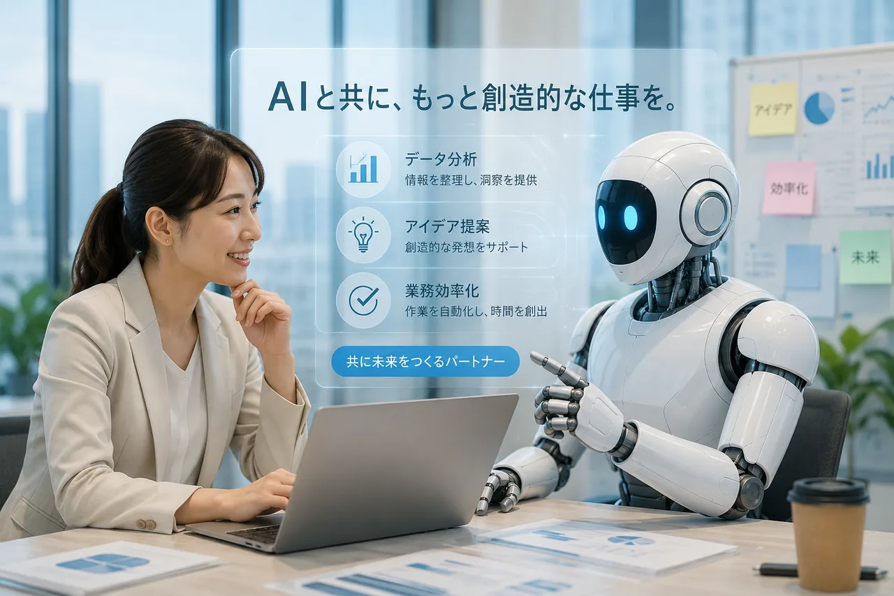 オフィスで女性とAIロボットがノートパソコンを前に向き合い、データ分析・アイデア提案・業務効率化を「共に未来をつくるパートナー」として進める、AIと人の協働を描いたイメージ