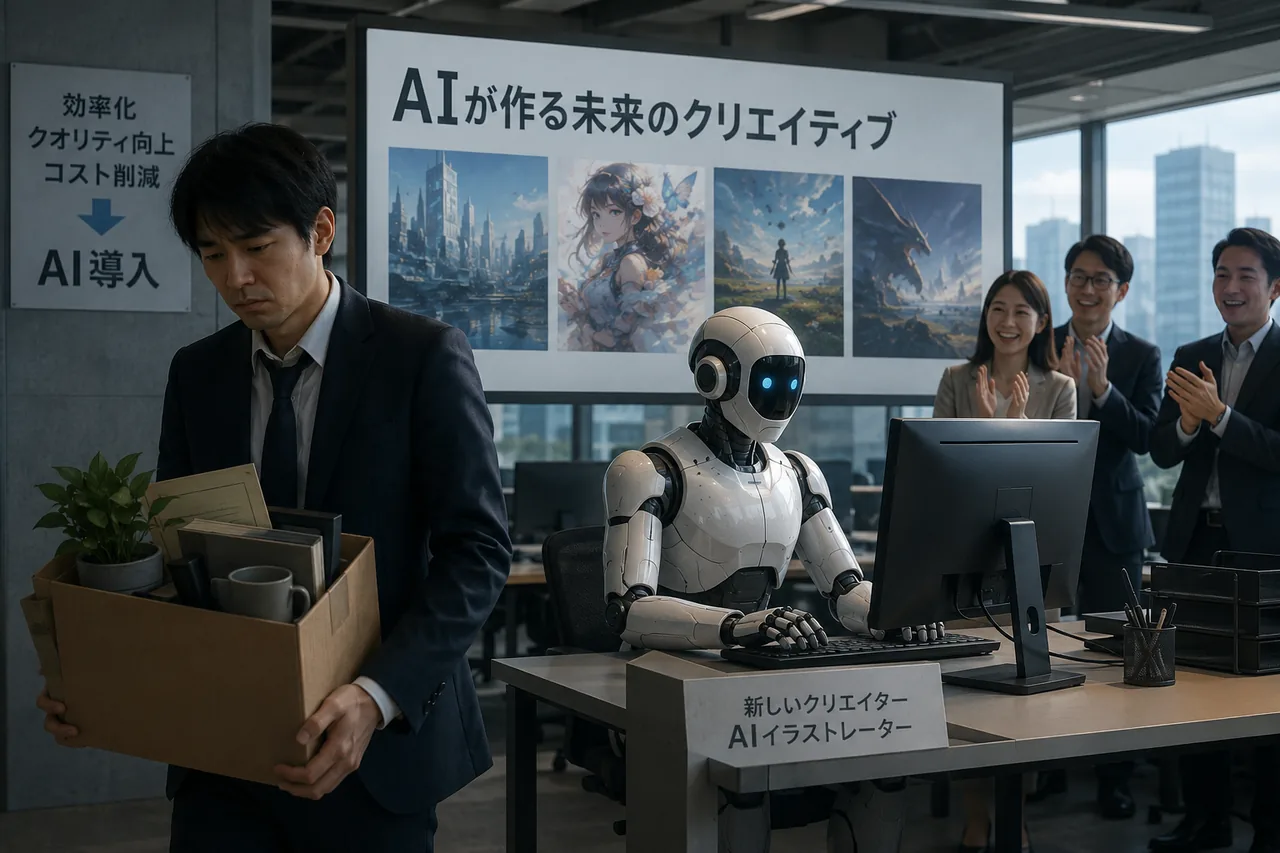 段ボール箱を抱えて職場を去る会社員の傍らで、AIロボットが「AIイラストレーター」として席に座り、同僚が拍手している。AIによる仕事の置き換えをあらわすイメージ