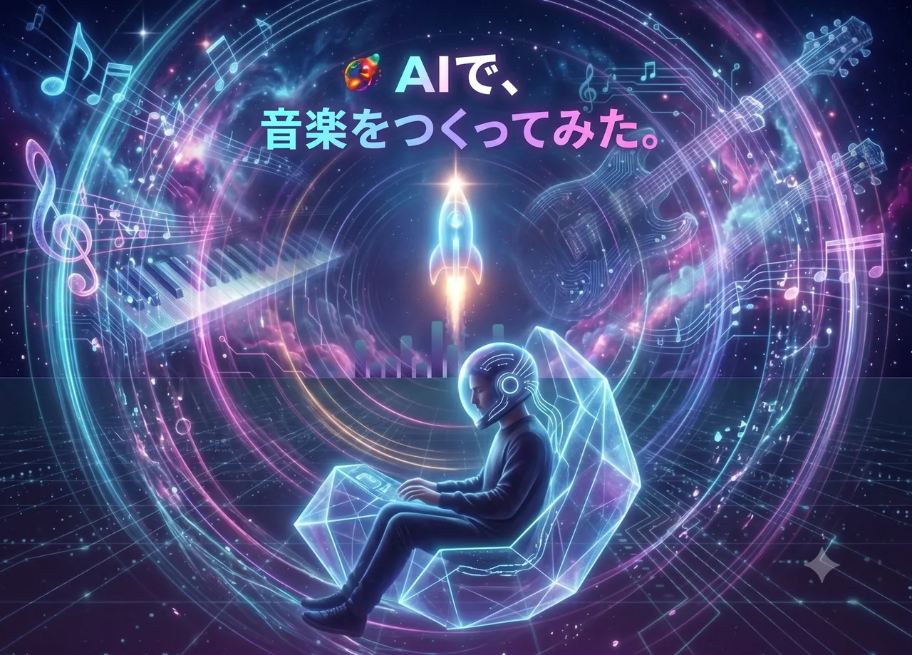 「AIで、音楽をつくってみた」——ネオン色の宇宙的な空間で、ヘッドホンをした人物がノートPCで作曲する。ロケットや音符・ピアノ・ギターが渦巻くイメージ