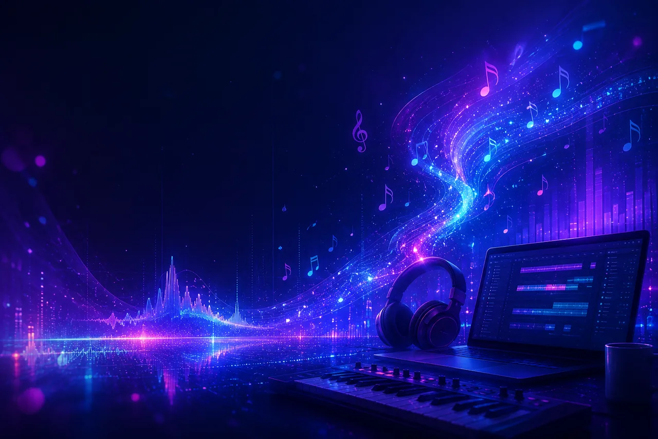 ノートパソコンとヘッドホンでAI音楽を制作するイメージ