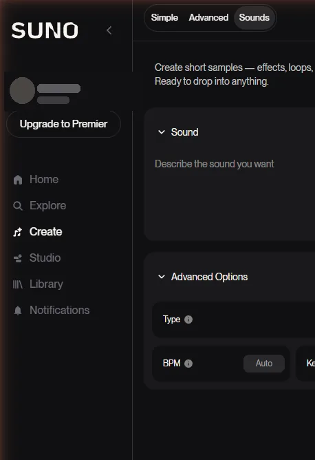 SunoのSoundsモード。効果音やループ素材を作る画面。Type・BPM・Keyを指定できる